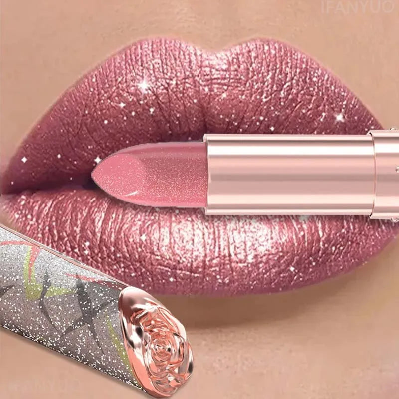 Pearl Pink Luxurious Glitter Lipstick Velvet Metallic Waterproof Long Lasting Shimmer Diamond Lipstick Women Lip Makeup Cosmetic
