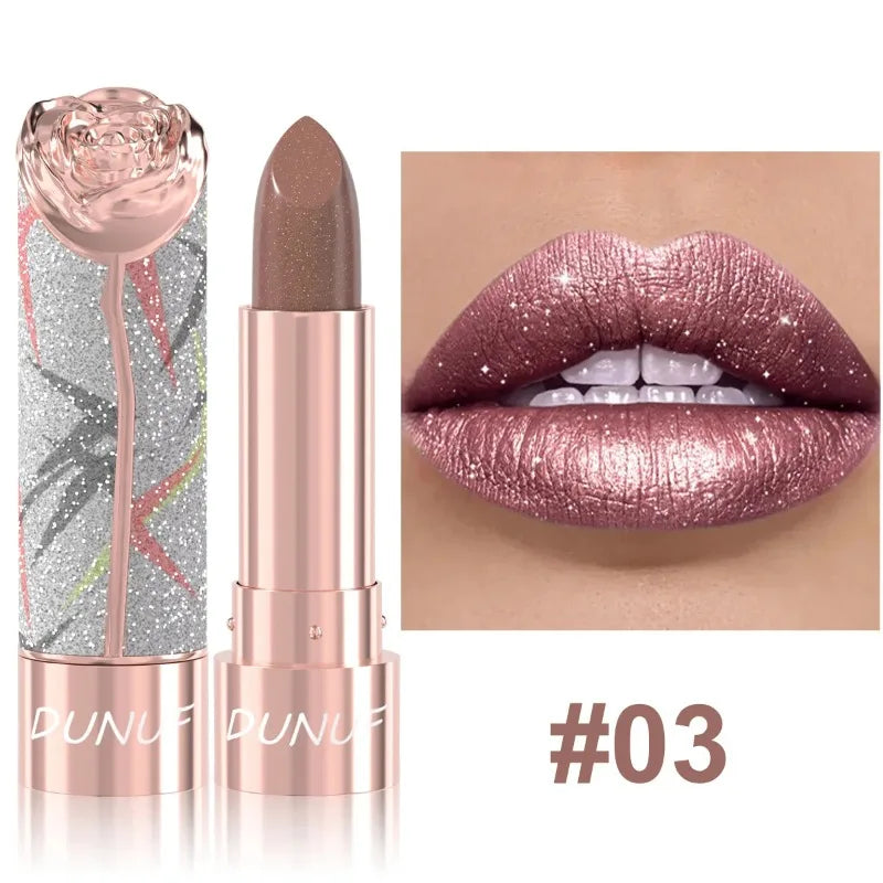 Pearl Pink Luxurious Glitter Lipstick Velvet Metallic Waterproof Long Lasting Shimmer Diamond Lipstick Women Lip Makeup Cosmetic